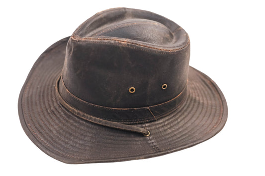 Turner Hat Rustic Outback brown leather hat with a wide brim on a white background