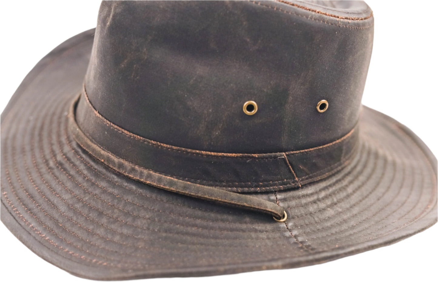 Turner Hat Rustic Outback brown faux leather hat with a chinstrap on a white background
