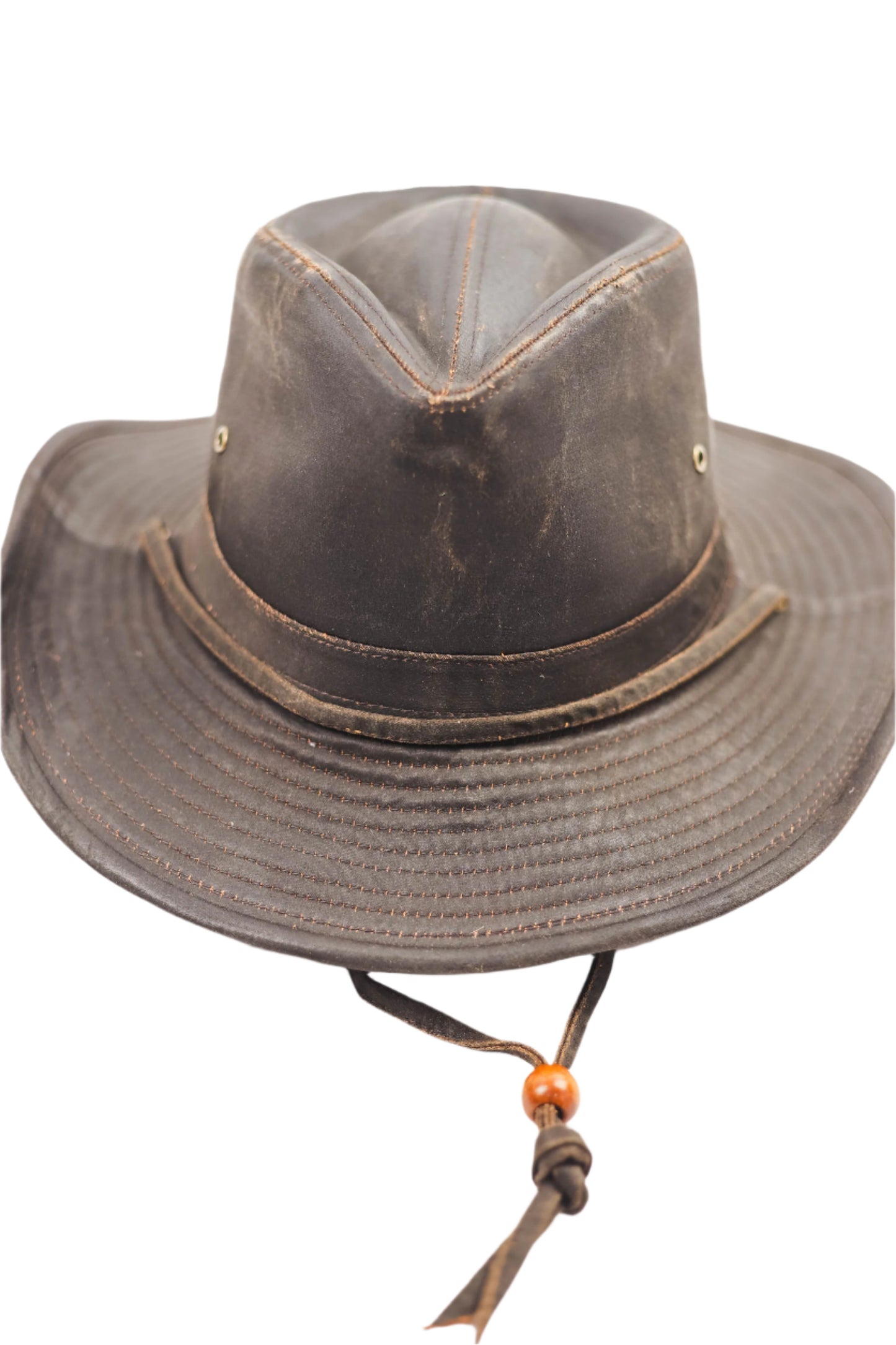 Turner Hat Rustic Outback brown faux leather hat with a chinstrap on a white background
