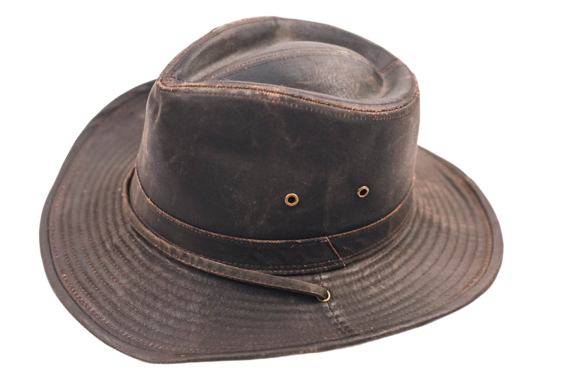 Turner Hat Rustic Outback brown leather hat with a wide brim on a white background
