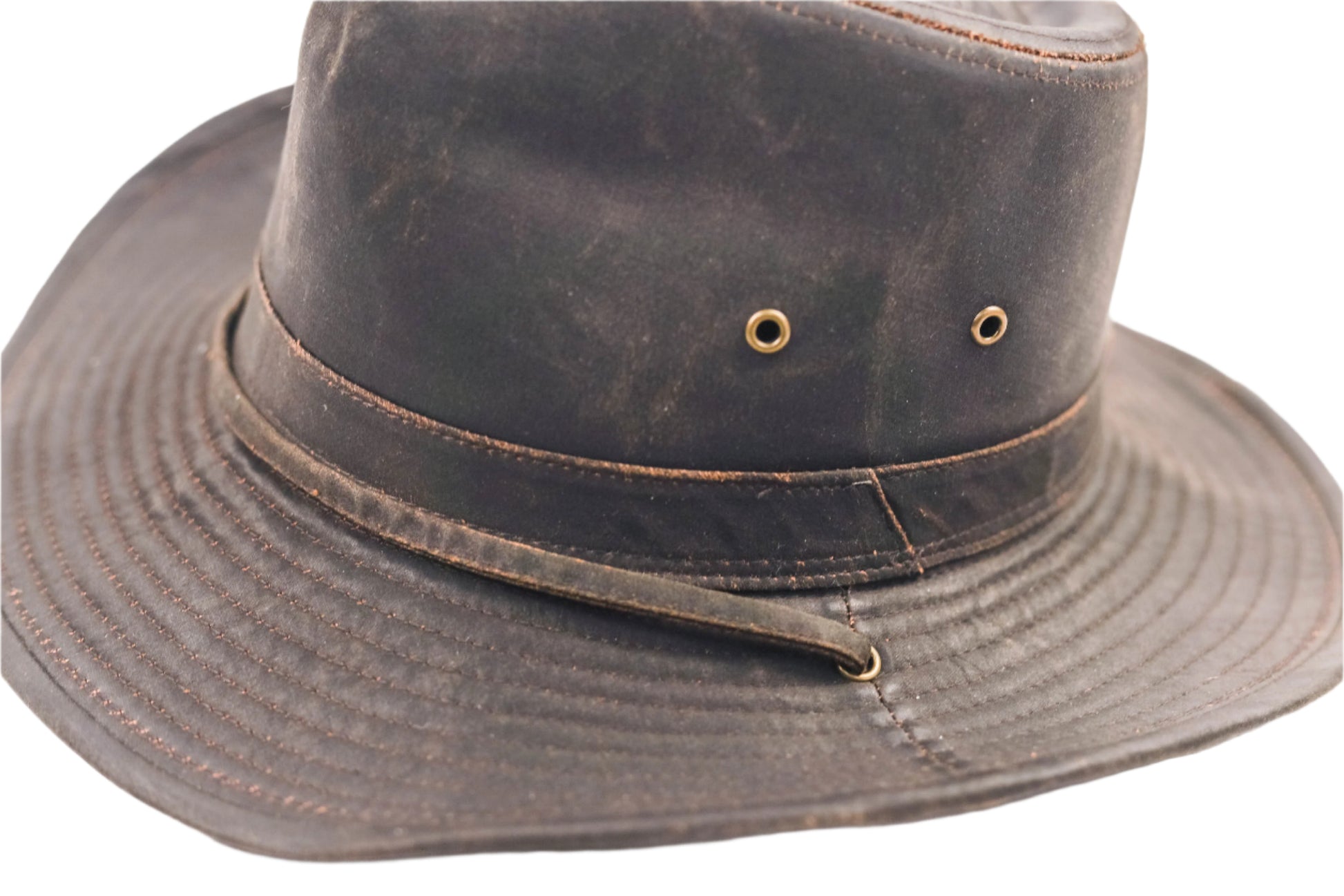 Turner Hat Rustic Outback brown faux leather hat with a chinstrap on a white background