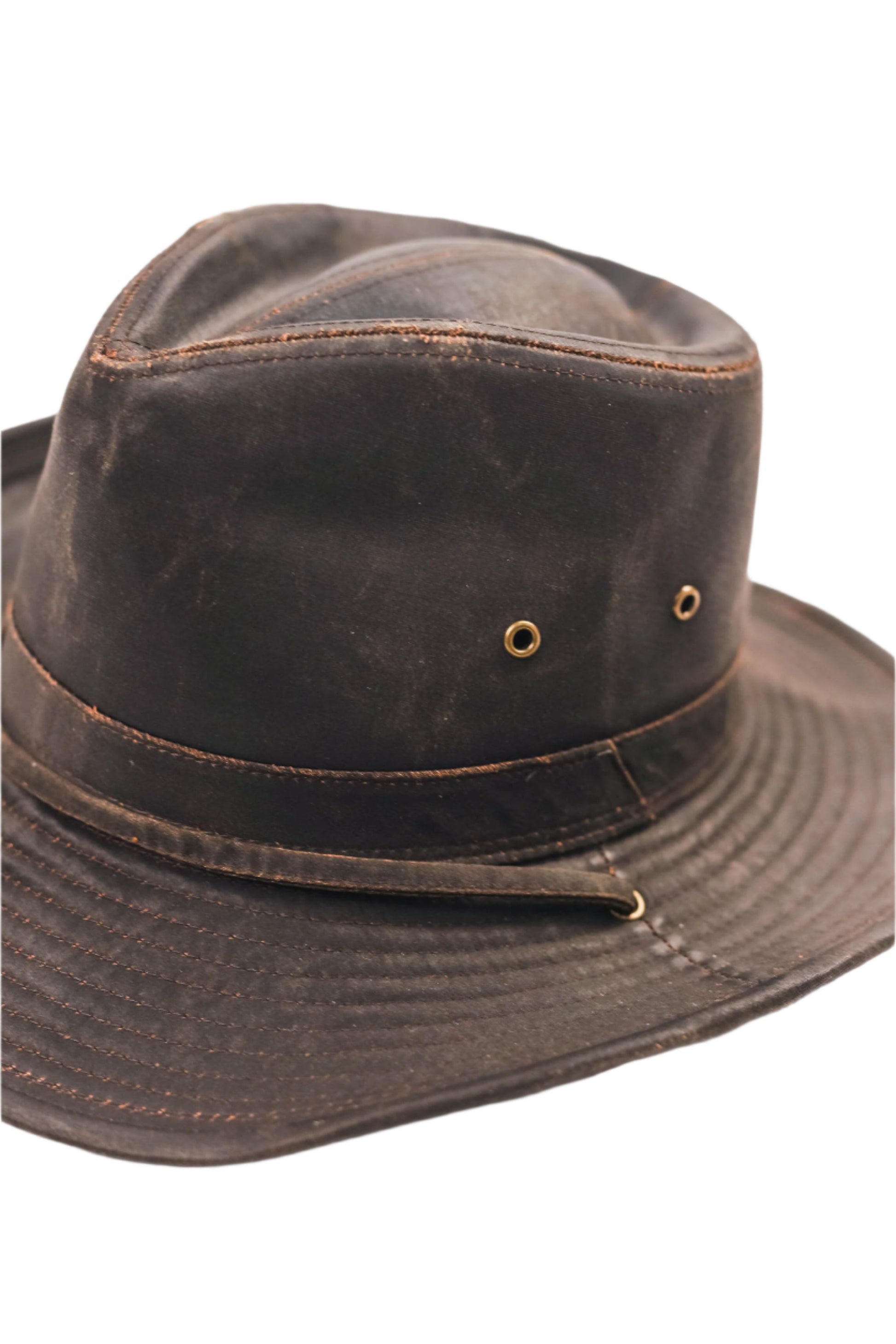 Turner Hat Rustic Outback brown faux leather hat with a chinstrap on a white background